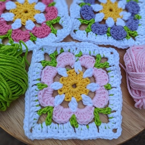 Easy Flower granny square crochet pattern for beginners, step-by-step tutorial with 33 pictures,