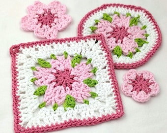 Schema uncinetto granny square fiore facile per principianti, tutorial passo-passo con 17 foto / Sakura, granny square fiore di melo