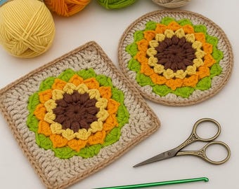 Schema all'uncinetto con girasole 3D: quadrato della nonna e sottobicchiere in formato PDF (download immediato)