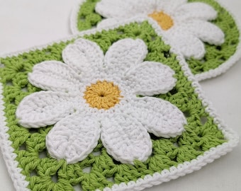 Schema uncinetto margherita PDF / Quadrato granny, sottobicchiere & motivo floreale / Decorazione cottagecore, uncinetto boho