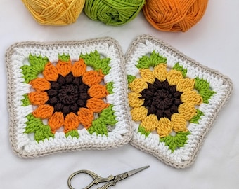 シンプルなひまわりのおばあちゃんのスクエアかぎ針編みパターン / 花柄のおばあちゃんのアフガンモチーフ / 農家風フラワーアップリケ 初心者向け 30枚の写真付き