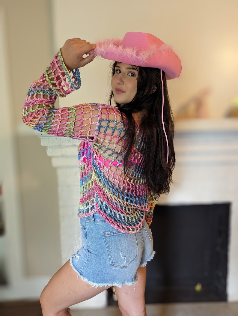 Colorful mesh jumper crochet pattern/Crochet Mesh Jumper/ Mesh sweater/ Fishnet bright sweater/Crochet Mesh colorful top image 2