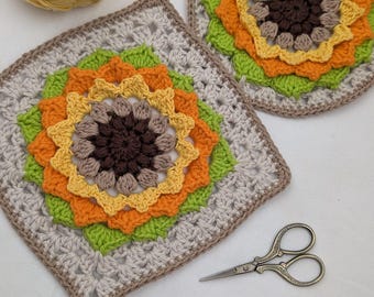 Pacchetto di schemi all'uncinetto per girasoli: quadrati della nonna e sottobicchieri (3 schemi PDF)