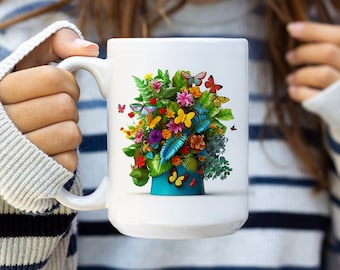 Cute Plant Mug, Plant Mom Mug Plant Dad Mug, Nature Mug, Garden Mug, watercolor plants mug, butterfly's cup ,Gift Planter, Plant Coffee Mug