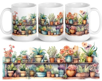 Cute Plant Mug, Plant Mom Mug, Nature Mug, Garden Mug, watercolor plants mug, Succulent plants , Plant Coffee Mug, indoor gardening gift
