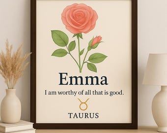 Personalized Birth Flower Print: Custom Name, Zodiac Sign (Digital Download)