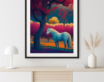 White Horse Fantasy Art Print • Mystical Forest Scene, Boho Home Decor