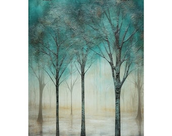 Misty Forest Tree Wall Art 18x24 Eco-Friendly Poster | Teal & Beige Nature-Inspired Decor