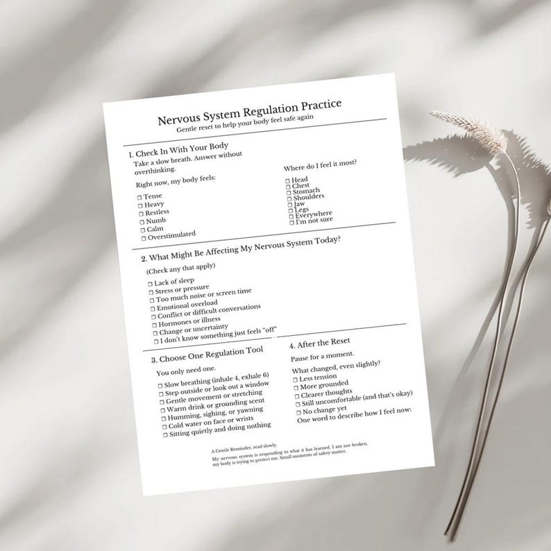 Op de afbeelding: Een witte bedrukte pagina getiteld "Nervous System Regulation Practice" met secties voor zelfevaluatie en regulatietools. De tekst bevat vragen over lichaamsgevoelens en mogelijke stressfactoren. Een takje gedroogde bloemen staat op de achtergrond.