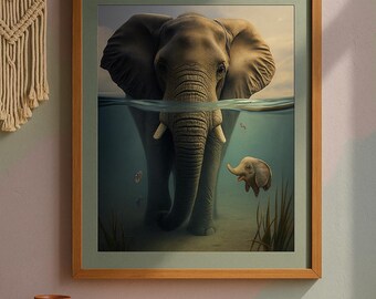 Surreal Elephant Underwater Art Print: Whimsical Nature Decor (18x24)