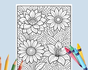 Abstract Flower Coloring Page Printable Floral Coloring Sheet Relaxing Botanical Line Art |Mi