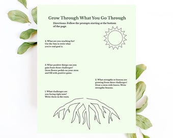 Op de afbeelding: Een lichtgroene journaalpagina met de titel "Grow Through What You Go Through". De pagina bevat prompts voor zelfreflectie, inclusief uitdagingen, sterke punten en doelen, met illustraties van wortels, een zon en een stengel met bladeren.