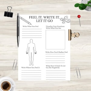 May include: A white paper with the text "FEEL IT. WRITE IT. LET IT GO" and prompts to write about feelings and emotions. A pen, pencil, paper clips, and a coffee cup are on the wooden surface.