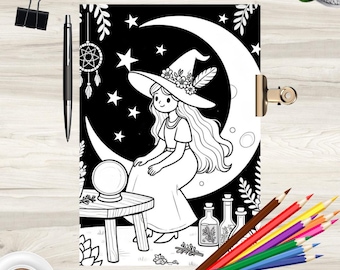 Boho Witchy Coloring Page: Moon Magic Digital Printable (8.5x11 in)