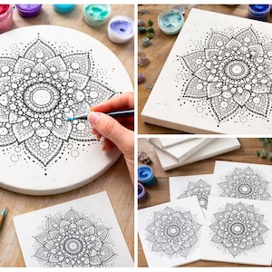 Könnte beinhalten: Ein mehrteiliges Bild, das Mandala-Kunstprojekte zeigt. Die Projekte umfassen ein rundes Keramikstück und quadratische Leinwände, alle mit komplizierten schwarz-weißen Mandala-Designs. Farbe und Buntstifte sind ebenfalls sichtbar.