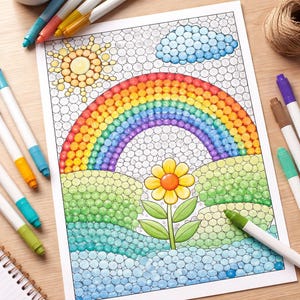 May include: A colouring page featuring a rainbow, sun, cloud, and flower design. Various coloured markers are arranged around the page. A small succulent plant and gold-rimmed glasses are also visible.