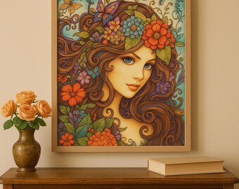 Boho Goddess Wall Art Floral Woman with Butterflies | Whimsical Nature-Inspired Artwork | Bohemian Home Decor