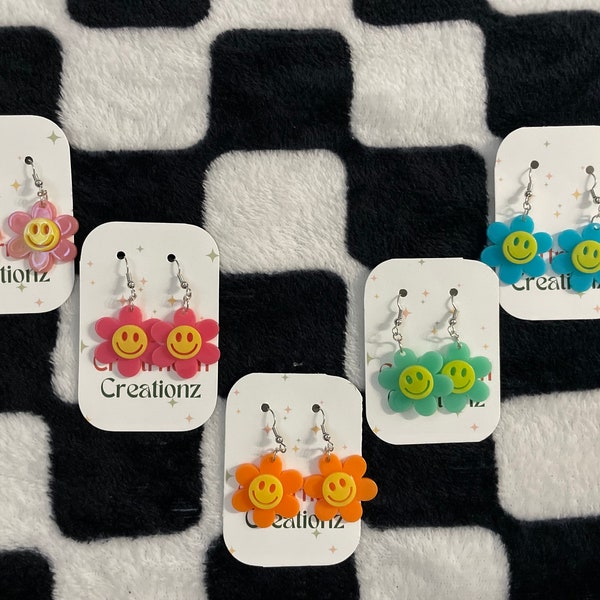 Handmade smiley face daisy earrings multiple colors