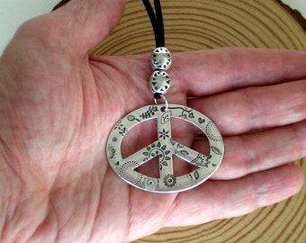 Silver Peace Symbol Pendant, Boho Necklace, Suede Cord