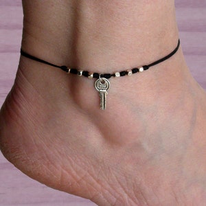 Key anklet bracelet, Silver brass key anklet, Nylon cord anklet bracelet