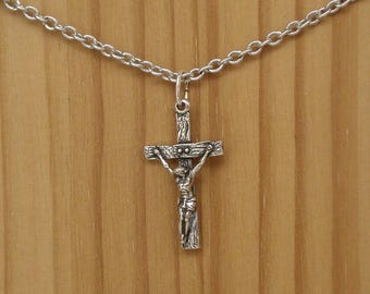 Colgante de cruz católica de plata, collar de cadena Zamak