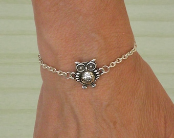 Silver Owl Bracelet, Lucky Charm, Adjustable