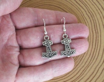 Silver Viking Thor Hammer Earrings, Hypoallergenic Hook