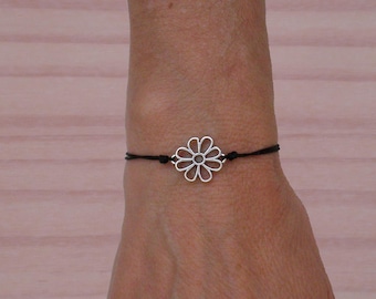 Pulsera de margaritas plateadas, pulsera de flores con cordón ajustable