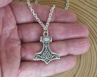 Silver Thor Hammer Pendant Necklace, Viking Jewelry