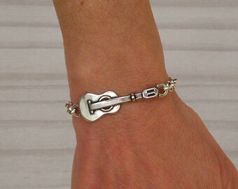 Pulsera de guitarra plateada, cadena ajustable, joyería musical