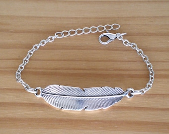 Pulsera de plumas de pájaro de plata, zamak bañado en plata de ley, ajustable