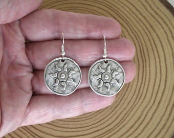 Silver Sun Earrings, Hypoallergenic Hook