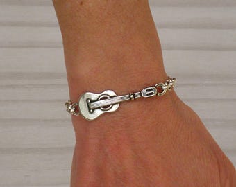 Silver guitar bracelet, adjustable chain, musical jewelry