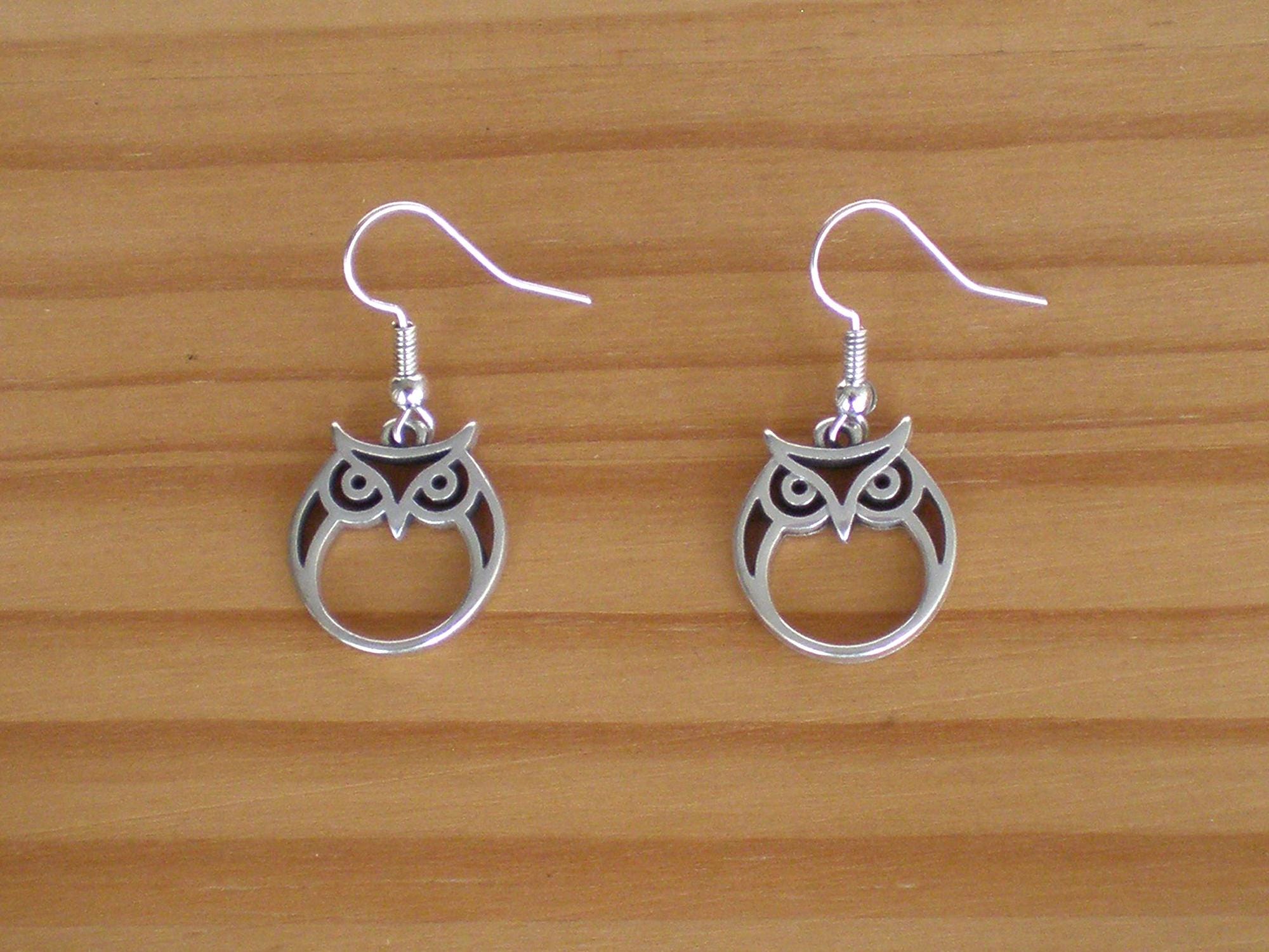 Silver owl earrings, Owl earrings, Hook earrings, Silver zamak