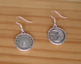 Boucles d'oreilles soleil et lune en argent, boucles d'oreilles crochet, boucles d'oreilles soleil, boucles d'oreilles lune, boucles d'oreilles en métal