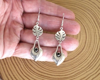 Pendientes de plata con forma de flor y hoja, hipoalergénicos.