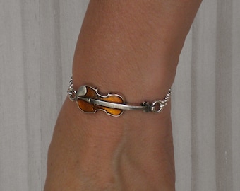 Silver Violin Bracelet, Enameled Zamak, Adjustable Chain