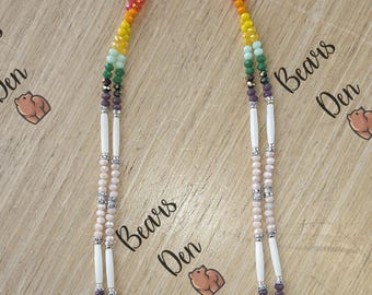 Collar de tubo de pelo en tonos tierra pastel - Joyería artesanal de doble hebra de hueso y cuentas de vidrio - Original de Bears Den, 79 cm de largo