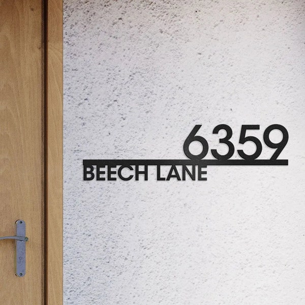 Minimalistisches Adressschild mit individueller Hausnummer und Straßennamen • Personalisiertes modernes Türschild aus Stahl • Metallkunst für den Außenbereich • Wanddekoration für zu Hause