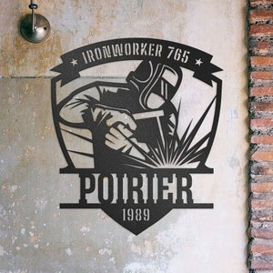 Letrero de metal de soldador de construcción personalizado • Letrero de acero de texto personalizado • Arte de pared de herrero • Idea de regalo para él • Decoración de pared de taller interior