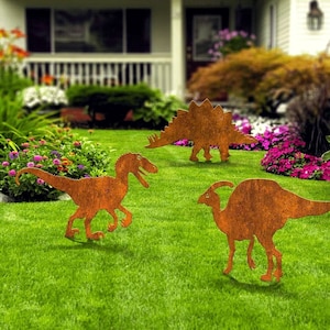 Letreros de metal de dinosaurios de jardín • Arte de patio de acero oxidado al aire libre • Regalo de decoración de jardinería para ella • Decoración de jardinero de patio • Decoración de adorno de óxido