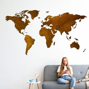 Wereldkaart stalen wandsculptuur • Minimalistische metalen wandkunst • Eigentijdse muurbehang • Woonkamerdecoratie • Binnen- en buiteninterieur