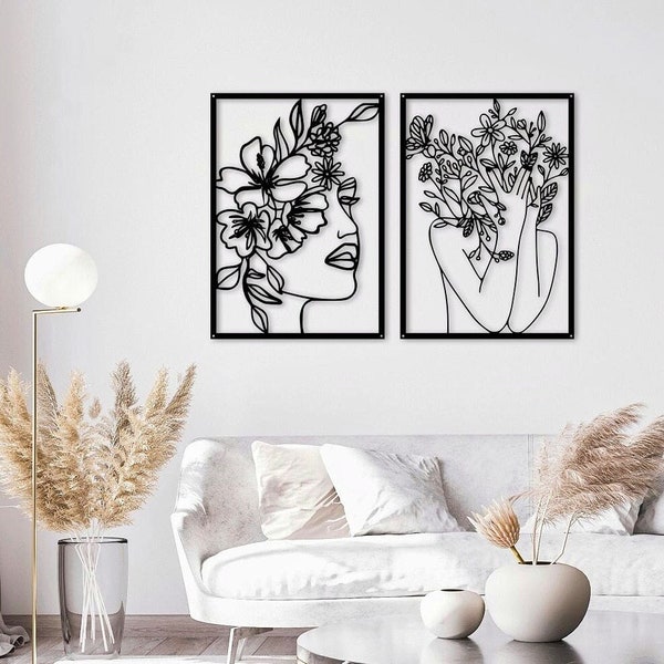 Woman Sculpture Wall Steel Decor • Abstract Metal Wall Arts • Contemporary Floral Wall Hanging • Living Room Decor • Flowers Framed Artworks