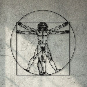 Vitruvian Man Steel Wall Sculpture • Metal Gift For Art Lovers • Anatomy Wall Hanging • Home Office Framed Decor • Leonardo da Vinci Artwork
