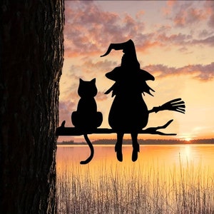 Halloween Trick or Treat Steel Stake • Autumn Witch Metal Ornament • Fall Garden Sculpture • Rust Cat Patio Decor • Outdoor Rusty Yard Art