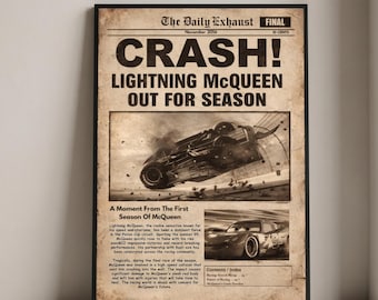 Lightning McQueen Vintage Newspaper Poster, Cars Movie Printable Wall Art