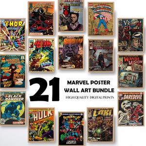 Marvel Superhero Poster Set of 21, Comic Book Wall Art for Room Decor