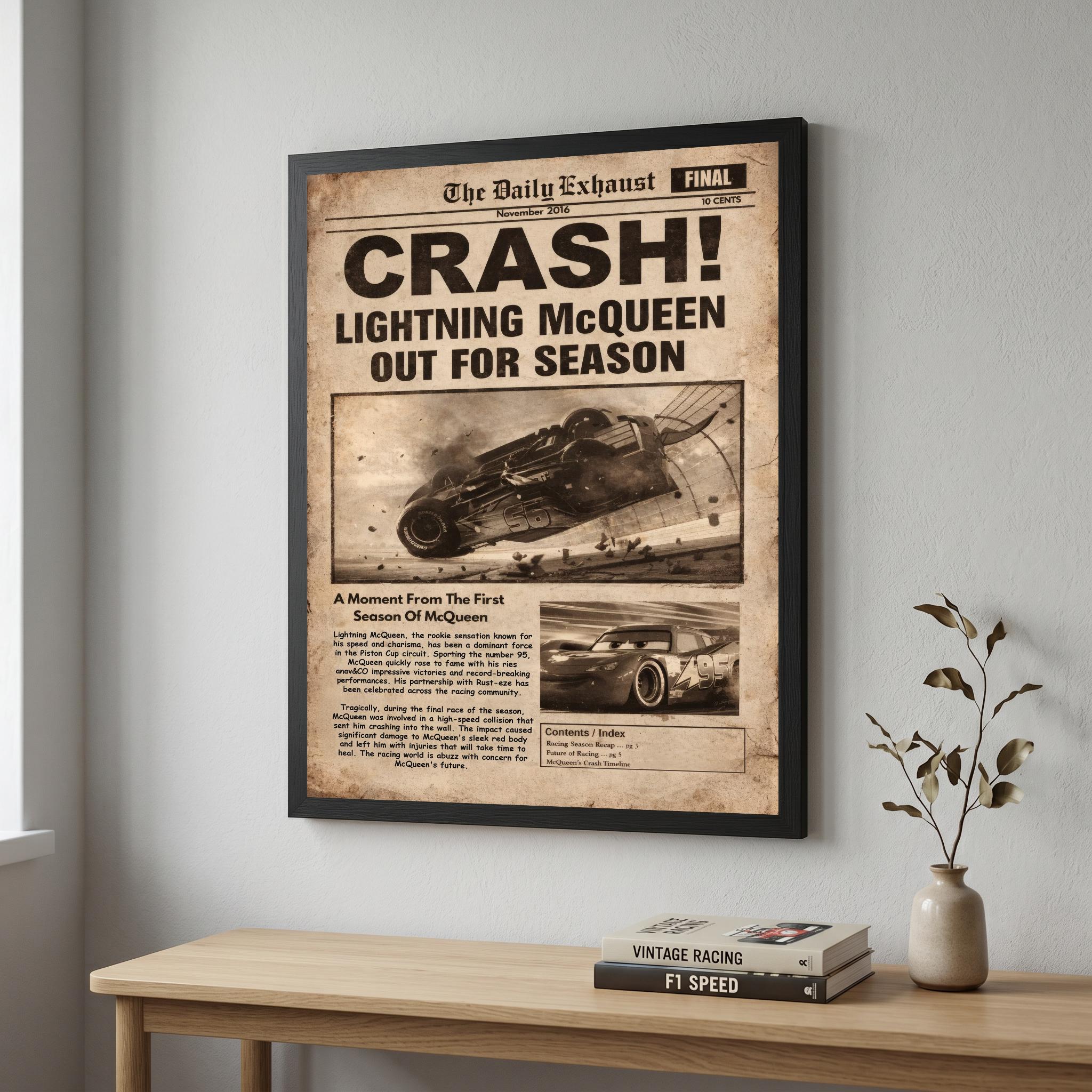 Lightning Mcqueen Vintage Newspaper Poster, Cars Movie Printable