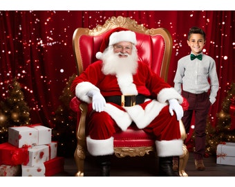 May include: Santa Claus in a red suit sits on a gold and red throne with a young boy standing next to him. The background is a red curtain with white snowflakes. There are Christmas trees and wrapped presents on either side of the throne.