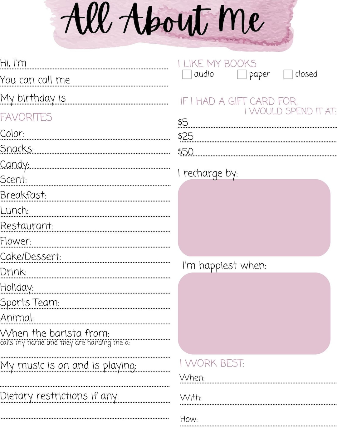 All About Me - Getting to Know You Form - Etsy